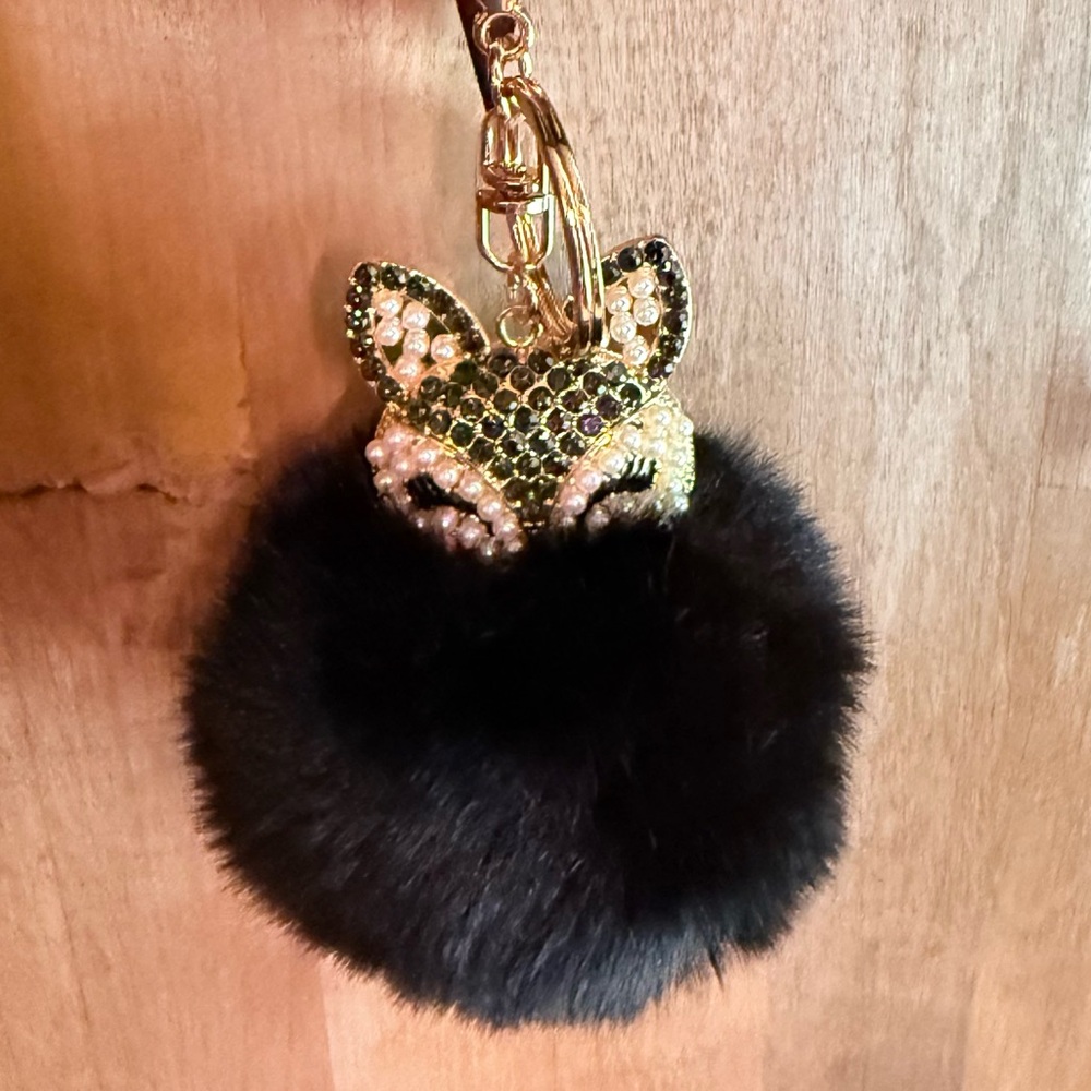 Black and White Gold-tone Pom-Pom Fox Keychain